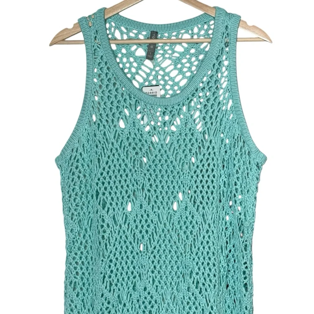 Torrid Crochet Knit Fringe Coverup Dress Size 1X Mint Blue Beach Boho Vacation - Picture 7 of 14